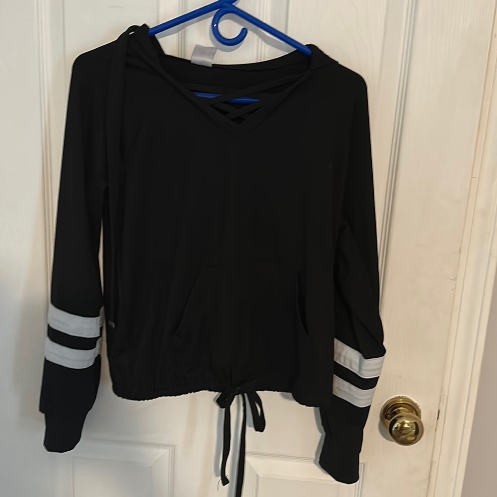 no boundaries black hoodie with detail at neck and white stripes on sleeves